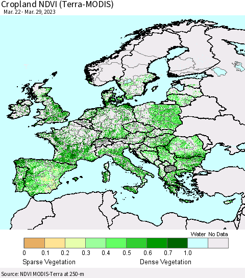 Europe Cropland NDVI (Terra-MODIS) Thematic Map For 3/22/2023 - 3/29/2023