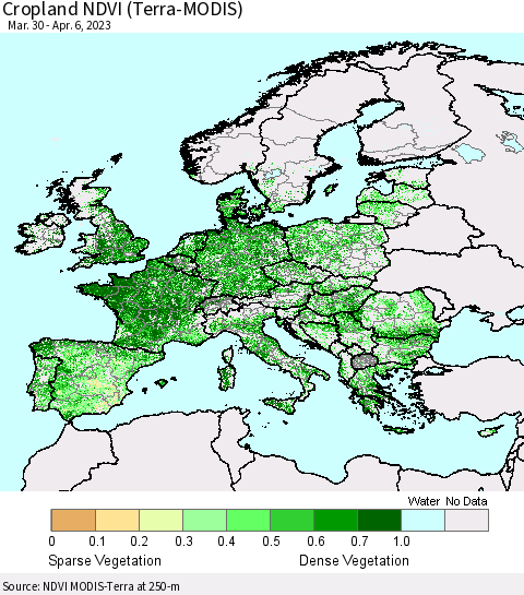 Europe Cropland NDVI (Terra-MODIS) Thematic Map For 3/30/2023 - 4/6/2023