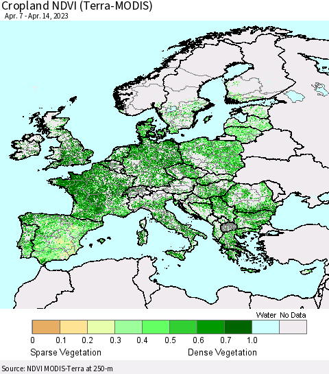 Europe Cropland NDVI (Terra-MODIS) Thematic Map For 4/7/2023 - 4/14/2023