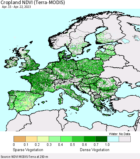 Europe Cropland NDVI (Terra-MODIS) Thematic Map For 4/15/2023 - 4/22/2023