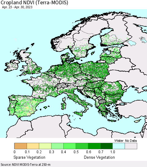 Europe Cropland NDVI (Terra-MODIS) Thematic Map For 4/23/2023 - 4/30/2023