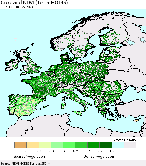 Europe Cropland NDVI (Terra-MODIS) Thematic Map For 6/18/2023 - 6/25/2023