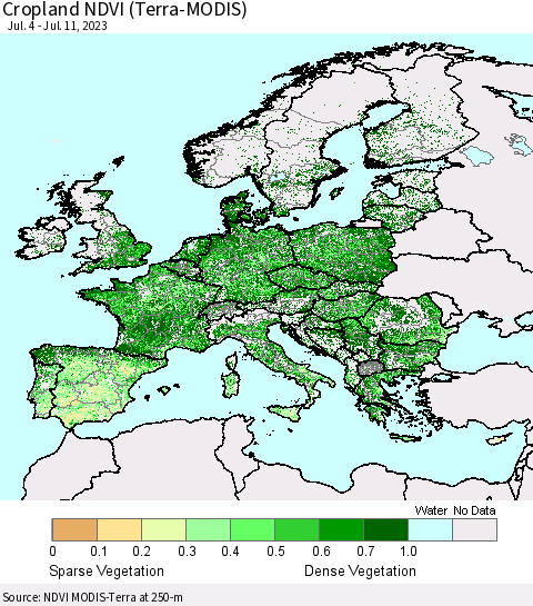 Europe Cropland NDVI (Terra-MODIS) Thematic Map For 7/4/2023 - 7/11/2023