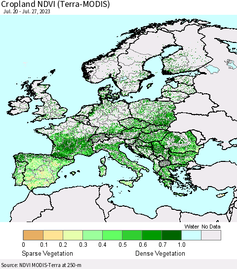 Europe Cropland NDVI (Terra-MODIS) Thematic Map For 7/20/2023 - 7/27/2023