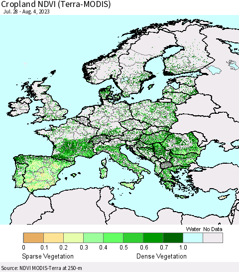 Europe Cropland NDVI (Terra-MODIS) Thematic Map For 7/28/2023 - 8/4/2023