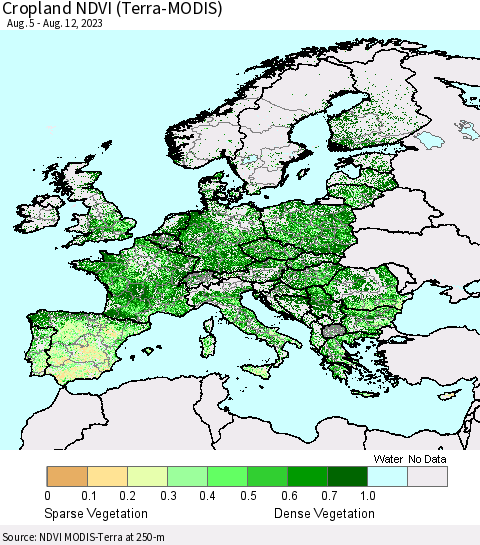 Europe Cropland NDVI (Terra-MODIS) Thematic Map For 8/5/2023 - 8/12/2023