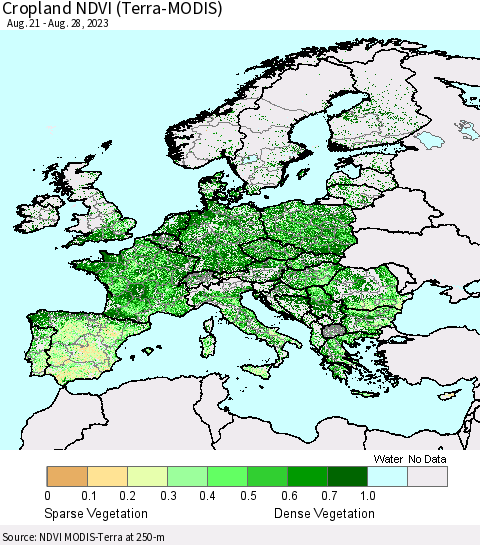 Europe Cropland NDVI (Terra-MODIS) Thematic Map For 8/21/2023 - 8/28/2023