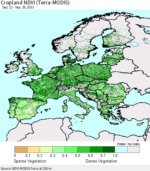 Europe Cropland NDVI (Terra-MODIS) Thematic Map For 9/22/2023 - 9/29/2023