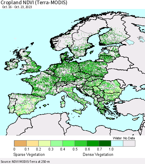 Europe Cropland NDVI (Terra-MODIS) Thematic Map For 10/16/2023 - 10/23/2023