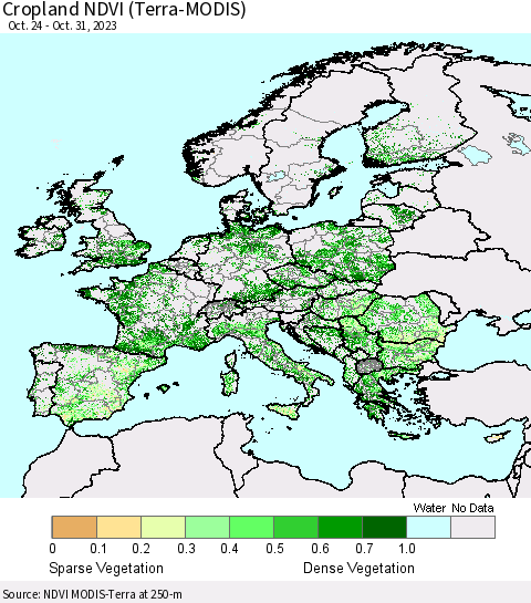 Europe Cropland NDVI (Terra-MODIS) Thematic Map For 10/24/2023 - 10/31/2023