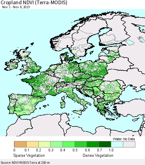 Europe Cropland NDVI (Terra-MODIS) Thematic Map For 11/1/2023 - 11/8/2023