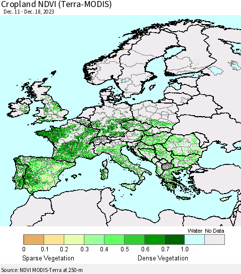 Europe Cropland NDVI (Terra-MODIS) Thematic Map For 12/11/2023 - 12/18/2023