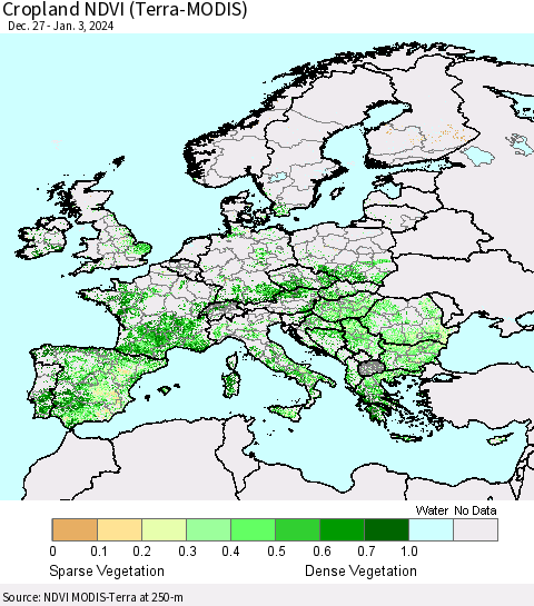 Europe Cropland NDVI (Terra-MODIS) Thematic Map For 12/27/2023 - 1/3/2024