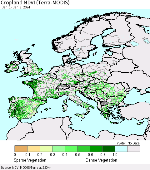 Europe Cropland NDVI (Terra-MODIS) Thematic Map For 1/1/2024 - 1/8/2024