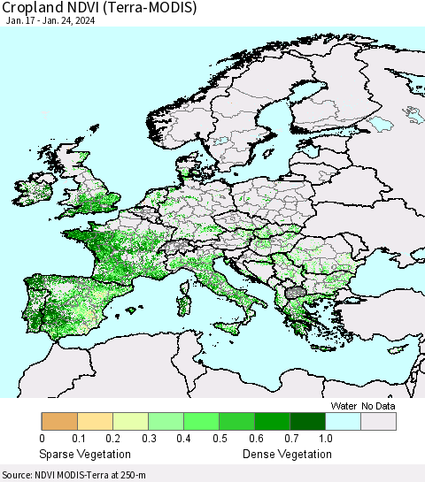 Europe Cropland NDVI (Terra-MODIS) Thematic Map For 1/17/2024 - 1/24/2024