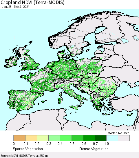 Europe Cropland NDVI (Terra-MODIS) Thematic Map For 1/25/2024 - 2/1/2024