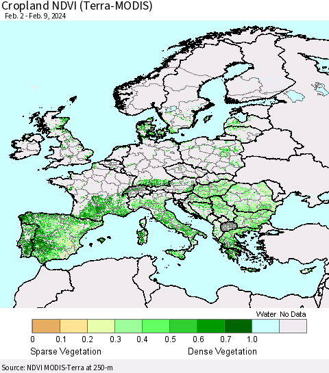 Europe Cropland NDVI (Terra-MODIS) Thematic Map For 2/2/2024 - 2/9/2024