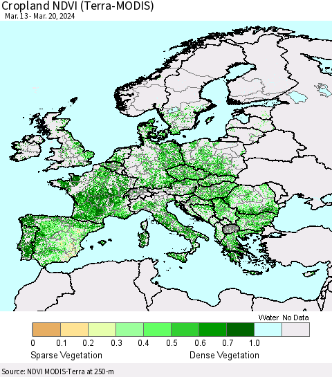Europe Cropland NDVI (Terra-MODIS) Thematic Map For 3/13/2024 - 3/20/2024