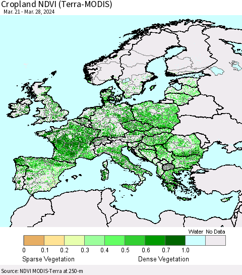 Europe Cropland NDVI (Terra-MODIS) Thematic Map For 3/21/2024 - 3/28/2024