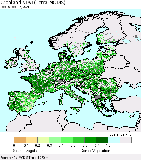 Europe Cropland NDVI (Terra-MODIS) Thematic Map For 4/6/2024 - 4/13/2024