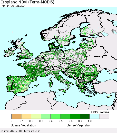 Europe Cropland NDVI (Terra-MODIS) Thematic Map For 4/14/2024 - 4/21/2024