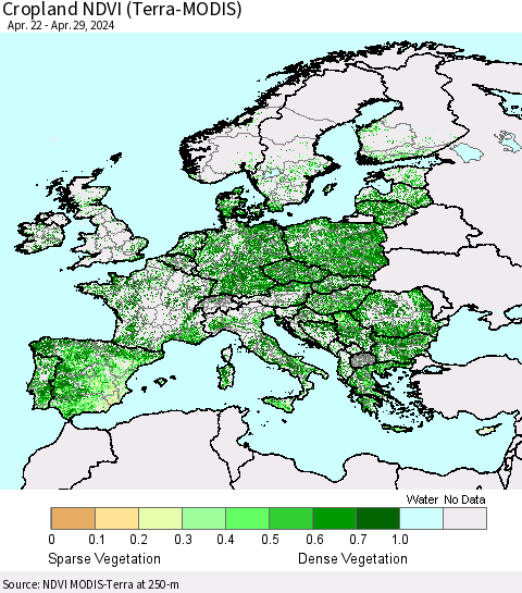 Europe Cropland NDVI (Terra-MODIS) Thematic Map For 4/22/2024 - 4/29/2024