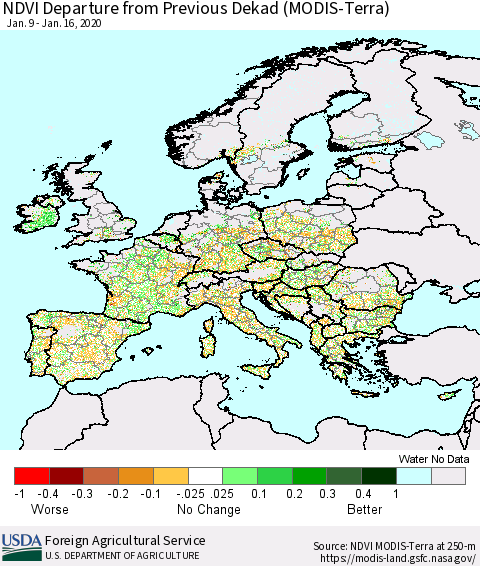 Europe NDVI Departure from Previous Dekad (Terra-MODIS) Thematic Map For 1/11/2020 - 1/20/2020