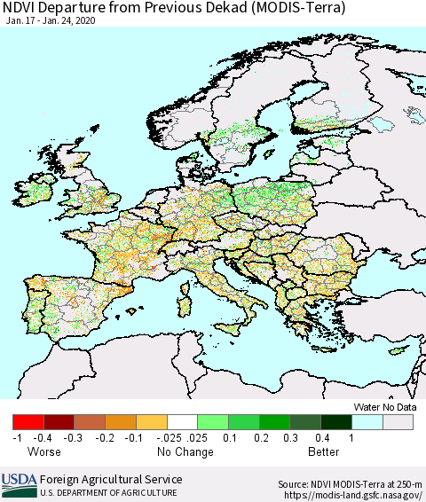 Europe NDVI Departure from Previous Dekad (Terra-MODIS) Thematic Map For 1/21/2020 - 1/31/2020