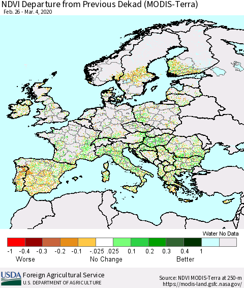 Europe NDVI Departure from Previous Dekad (Terra-MODIS) Thematic Map For 3/1/2020 - 3/10/2020