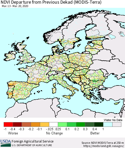Europe NDVI Departure from Previous Dekad (Terra-MODIS) Thematic Map For 3/11/2020 - 3/20/2020