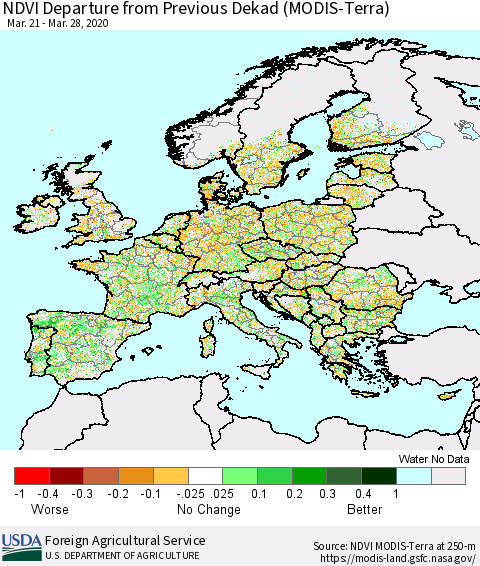 Europe NDVI Departure from Previous Dekad (Terra-MODIS) Thematic Map For 3/21/2020 - 3/31/2020