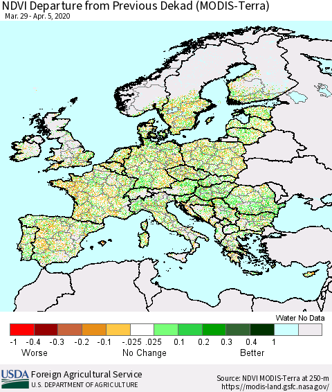 Europe NDVI Departure from Previous Dekad (Terra-MODIS) Thematic Map For 4/1/2020 - 4/10/2020