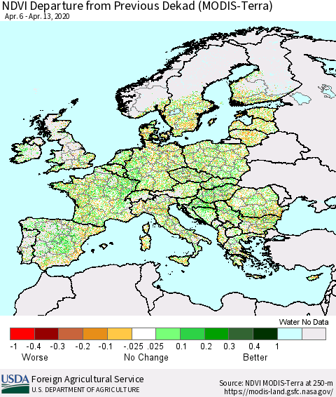 Europe NDVI Departure from Previous Dekad (Terra-MODIS) Thematic Map For 4/11/2020 - 4/20/2020
