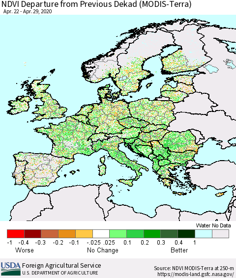 Europe NDVI Departure from Previous Dekad (Terra-MODIS) Thematic Map For 4/21/2020 - 4/30/2020