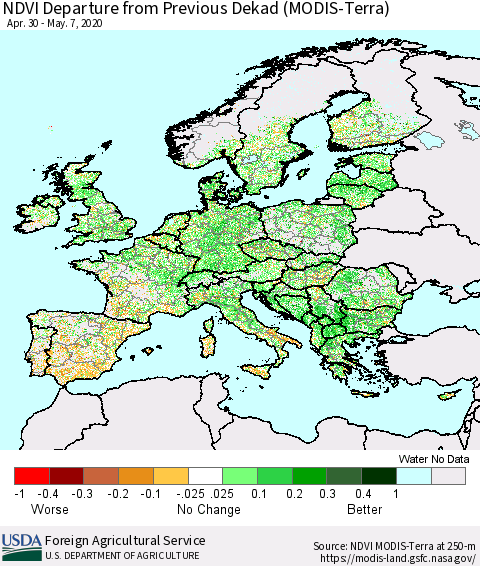 Europe NDVI Departure from Previous Dekad (Terra-MODIS) Thematic Map For 5/1/2020 - 5/10/2020