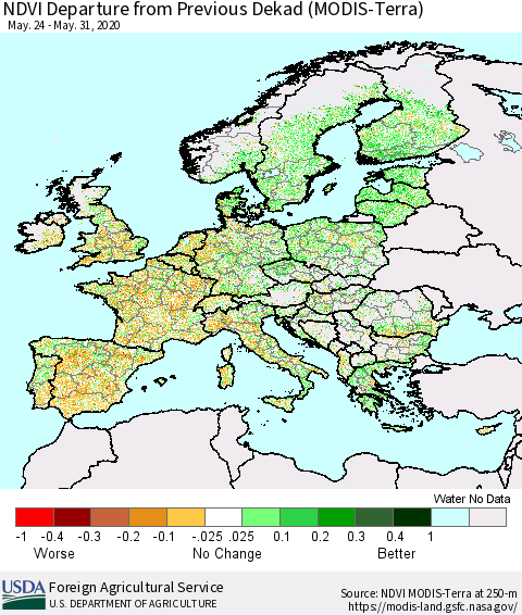 Europe NDVI Departure from Previous Dekad (Terra-MODIS) Thematic Map For 5/21/2020 - 5/31/2020