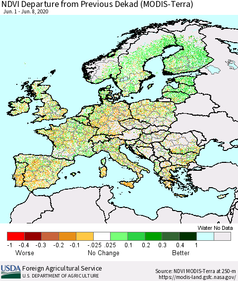 Europe NDVI Departure from Previous Dekad (Terra-MODIS) Thematic Map For 6/1/2020 - 6/10/2020