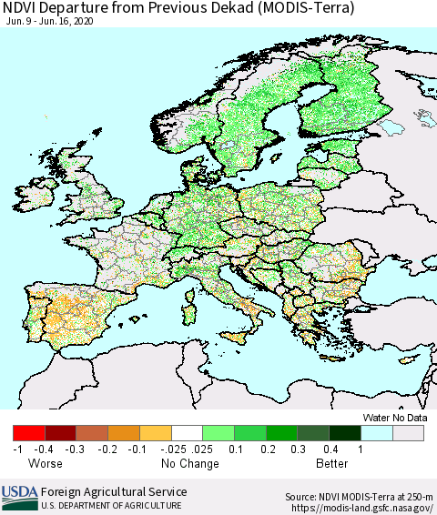 Europe NDVI Departure from Previous Dekad (Terra-MODIS) Thematic Map For 6/11/2020 - 6/20/2020