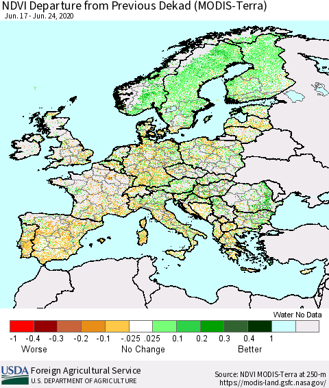 Europe NDVI Departure from Previous Dekad (Terra-MODIS) Thematic Map For 6/21/2020 - 6/30/2020