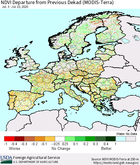 Europe NDVI Departure from Previous Dekad (Terra-MODIS) Thematic Map For 7/1/2020 - 7/10/2020