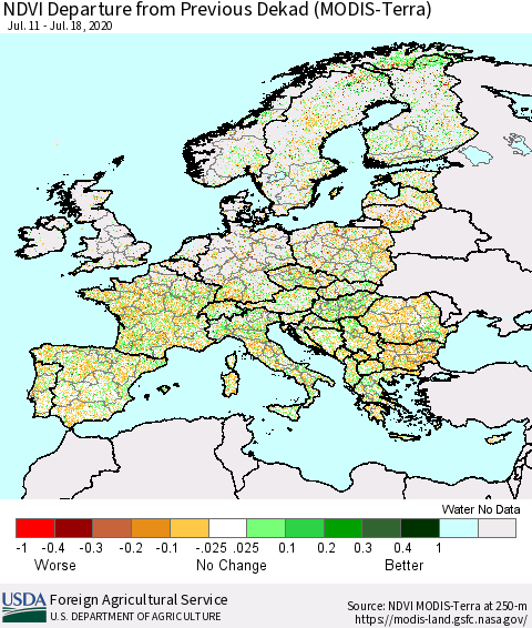 Europe NDVI Departure from Previous Dekad (Terra-MODIS) Thematic Map For 7/11/2020 - 7/20/2020