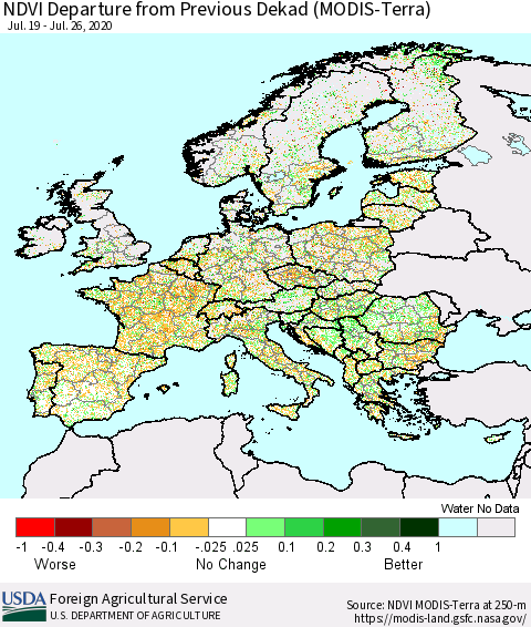 Europe NDVI Departure from Previous Dekad (Terra-MODIS) Thematic Map For 7/21/2020 - 7/31/2020