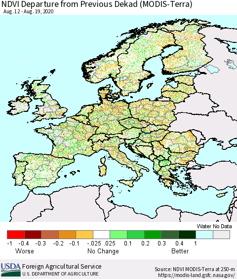 Europe NDVI Departure from Previous Dekad (Terra-MODIS) Thematic Map For 8/11/2020 - 8/20/2020