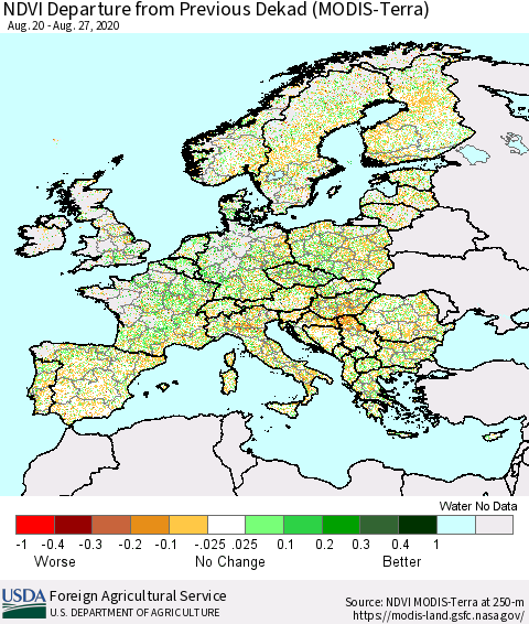 Europe NDVI Departure from Previous Dekad (Terra-MODIS) Thematic Map For 8/21/2020 - 8/31/2020