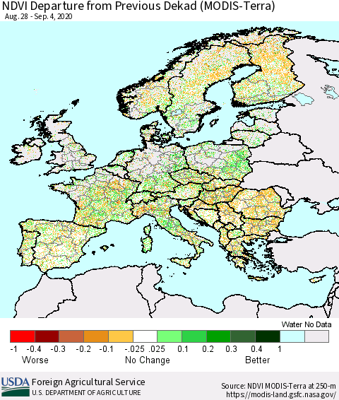 Europe NDVI Departure from Previous Dekad (Terra-MODIS) Thematic Map For 9/1/2020 - 9/10/2020