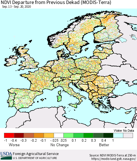Europe NDVI Departure from Previous Dekad (Terra-MODIS) Thematic Map For 9/11/2020 - 9/20/2020