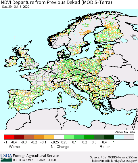 Europe NDVI Departure from Previous Dekad (Terra-MODIS) Thematic Map For 10/1/2020 - 10/10/2020