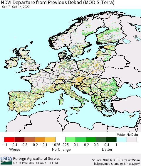 Europe NDVI Departure from Previous Dekad (Terra-MODIS) Thematic Map For 10/11/2020 - 10/20/2020