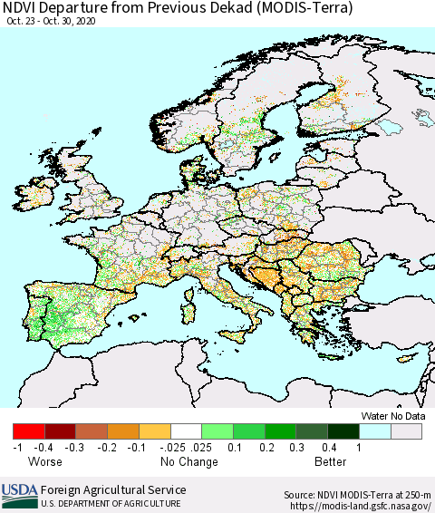 Europe NDVI Departure from Previous Dekad (Terra-MODIS) Thematic Map For 10/21/2020 - 10/31/2020