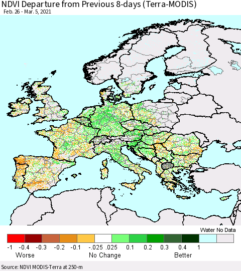 Europe NDVI Departure from Previous 8-days (Terra-MODIS) Thematic Map For 2/26/2021 - 3/5/2021